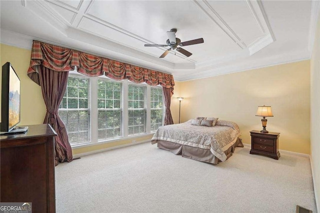 bedroom with carpet flooring, ceiling fan, and crown molding