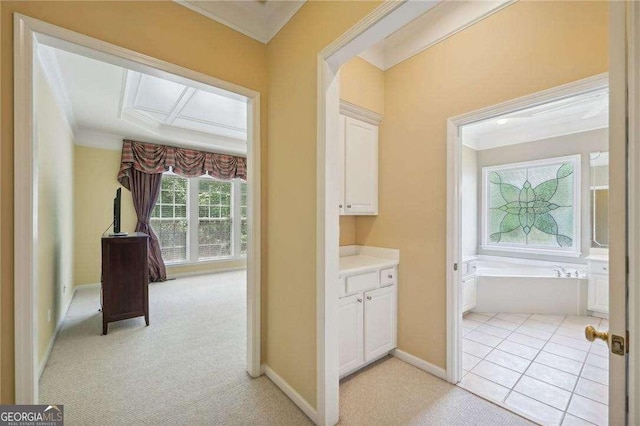 interior space with vanity, ornamental molding, and a bath