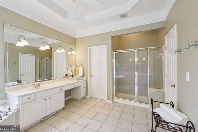 bathroom featuring tile patterned flooring, vanity, ornamental molding, and walk in shower