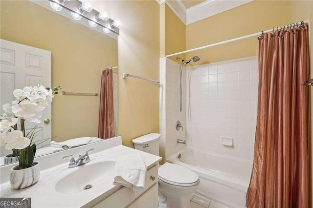 full bathroom featuring shower / tub combo, vanity, toilet, and ornamental molding