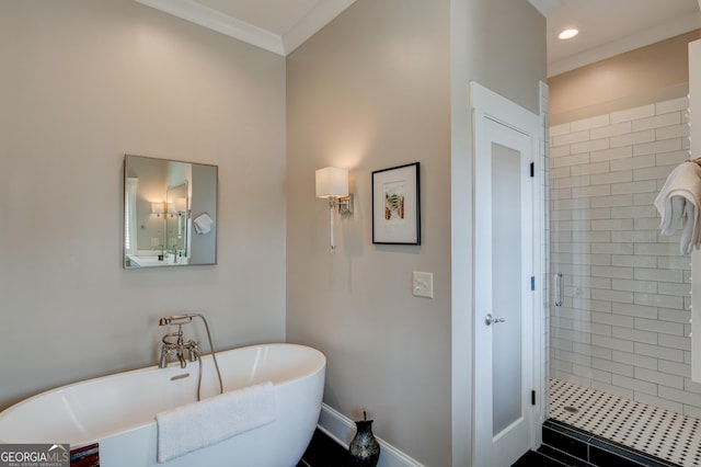 bathroom with crown molding and shower with separate bathtub