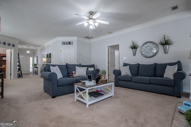 living room with light carpet, a textured ceiling, and crown molding