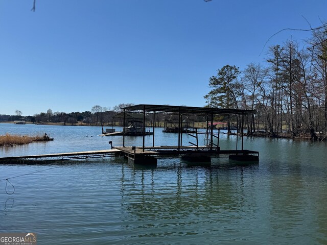 dock area with a water view and a pergola