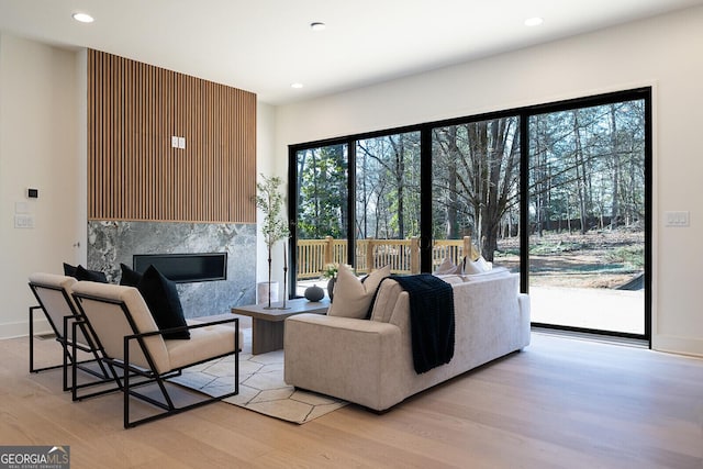 living room with a fireplace, a wealth of natural light, and light hardwood / wood-style floors