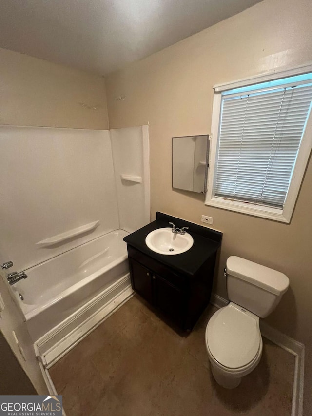 full bathroom featuring shower / tub combination, vanity, and toilet