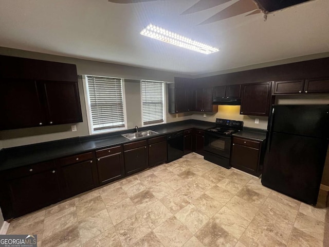 kitchen featuring dark brown cabinets, sink, and black appliances