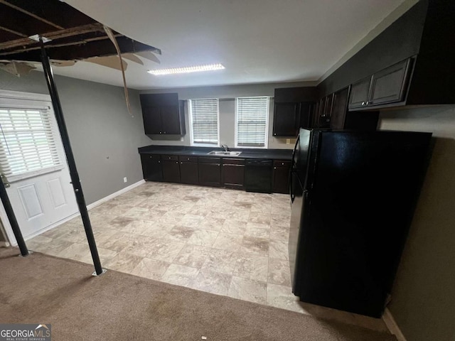 kitchen with dark brown cabinetry, light carpet, sink, and black appliances