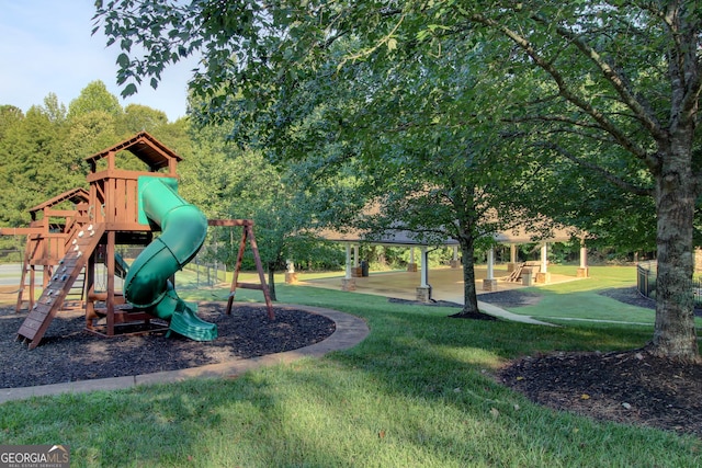 view of jungle gym featuring a yard