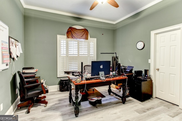 office featuring ceiling fan, ornamental molding, and light hardwood / wood-style flooring