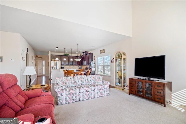 living room featuring light colored carpet