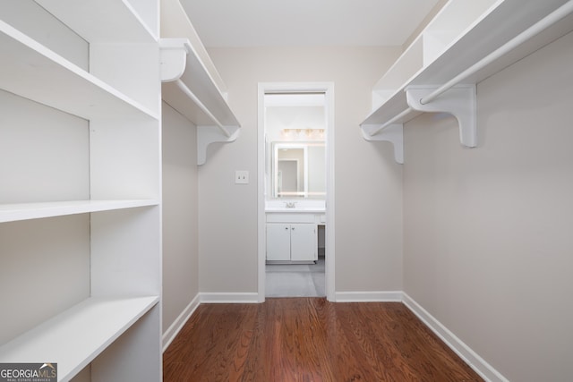 walk in closet with dark wood-type flooring and sink