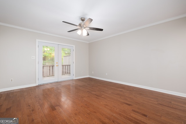 unfurnished room with hardwood / wood-style floors, ceiling fan, crown molding, and french doors