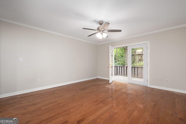 unfurnished room with ceiling fan, ornamental molding, and hardwood / wood-style flooring