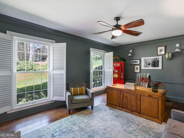 office space featuring ceiling fan, dark hardwood / wood-style flooring, and crown molding