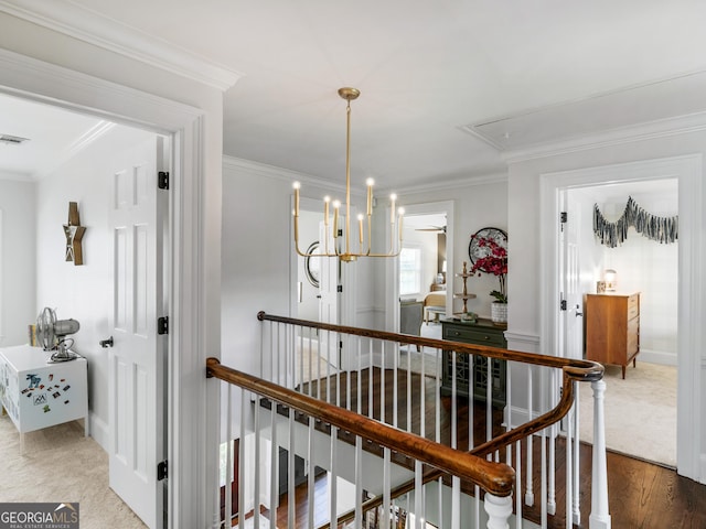 corridor with hardwood / wood-style floors, a notable chandelier, and crown molding