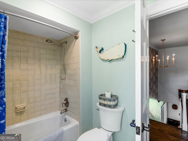 bathroom featuring shower / tub combo with curtain, toilet, crown molding, and an inviting chandelier