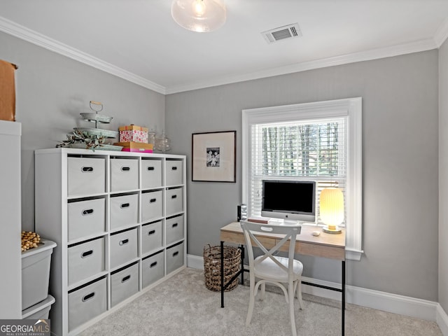 office featuring light colored carpet and ornamental molding