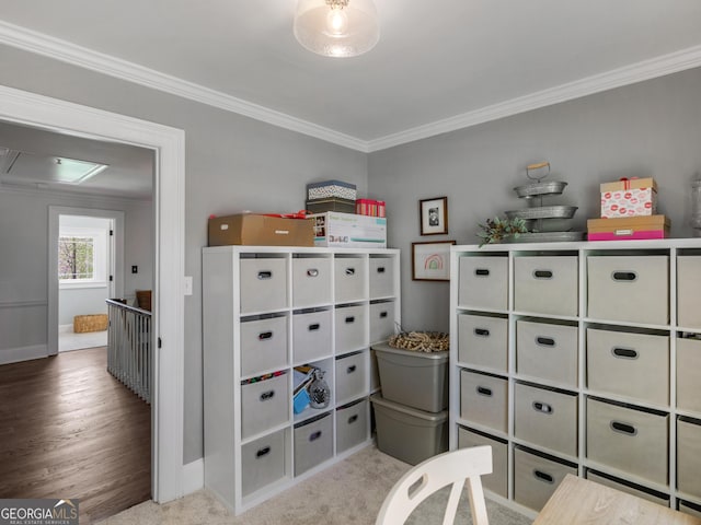 carpeted bedroom with ornamental molding