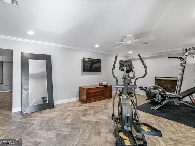 exercise area with ceiling fan, crown molding, and light parquet floors