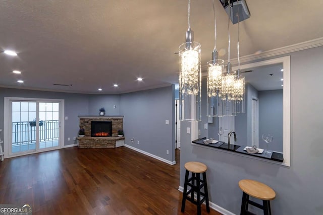 interior space with a fireplace, dark hardwood / wood-style flooring, and ornamental molding