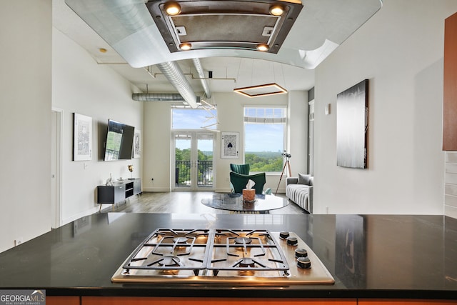 kitchen with stainless steel gas stovetop and french doors