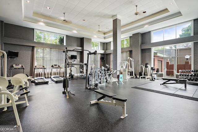 exercise room featuring a raised ceiling and a towering ceiling