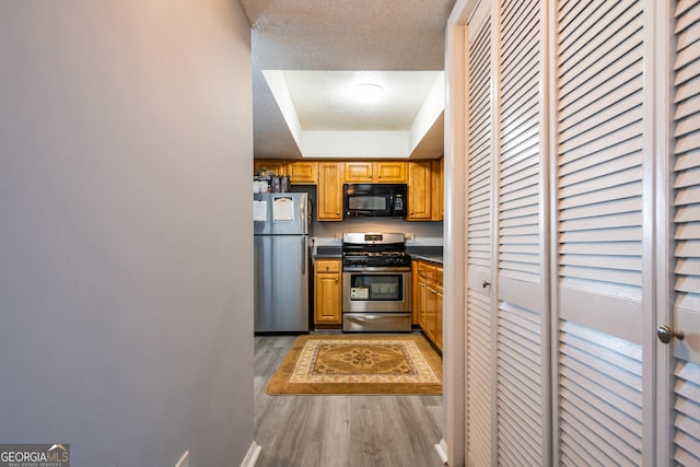 kitchen with a textured ceiling, a raised ceiling, stainless steel appliances, and light hardwood / wood-style flooring