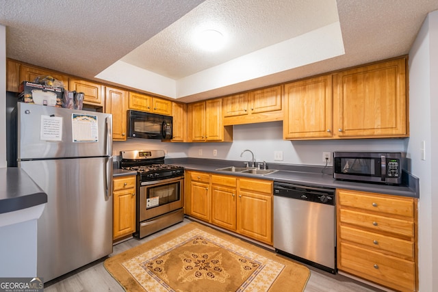 kitchen featuring appliances with stainless steel finishes, a textured ceiling, a raised ceiling, sink, and light hardwood / wood-style flooring