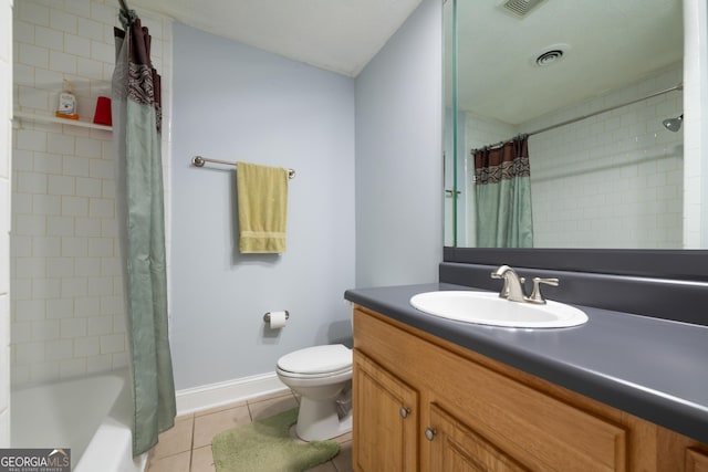 full bathroom featuring tile patterned flooring, vanity, shower / tub combo with curtain, and toilet