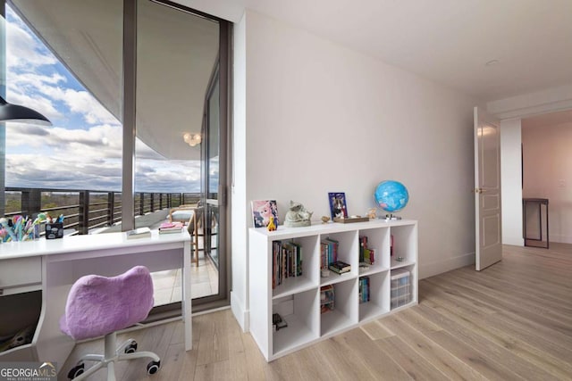 office area with light hardwood / wood-style flooring