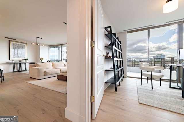 interior space with floor to ceiling windows and light wood-type flooring