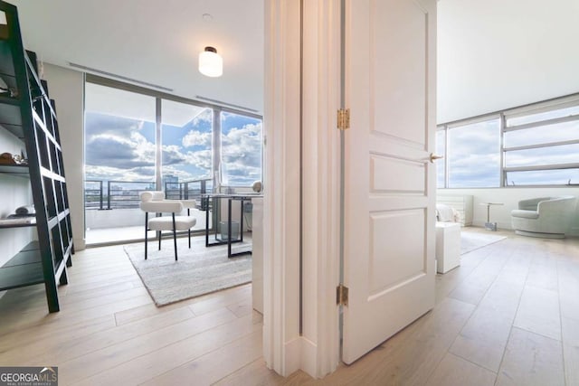 hall featuring light hardwood / wood-style flooring and floor to ceiling windows