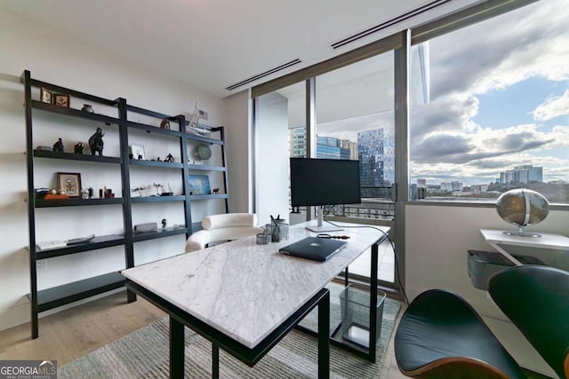 office space with a wall of windows and light wood-type flooring