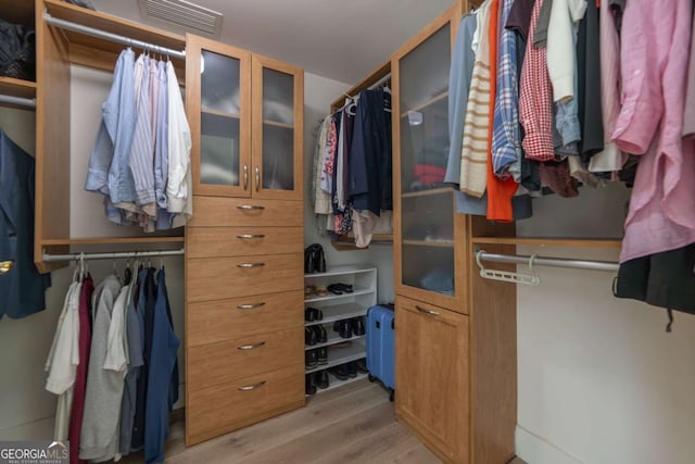 walk in closet with light hardwood / wood-style flooring