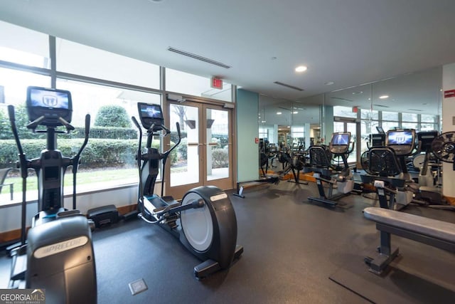 workout area featuring french doors