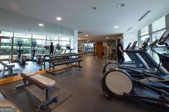 workout area with a wall of windows