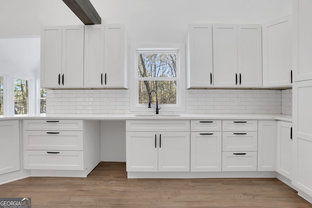 kitchen featuring white cabinetry, sink, and decorative backsplash