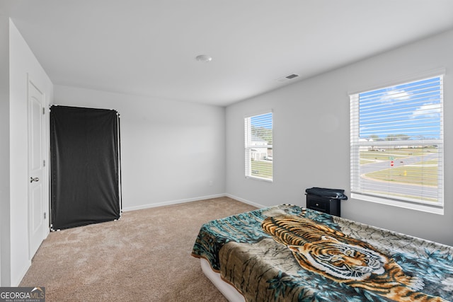 bedroom with light colored carpet