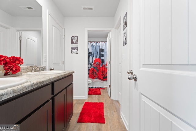 bathroom featuring vanity, hardwood / wood-style flooring, and toilet