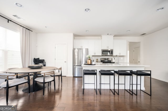 kitchen featuring appliances with stainless steel finishes, backsplash, white cabinets, dark hardwood / wood-style floors, and an island with sink