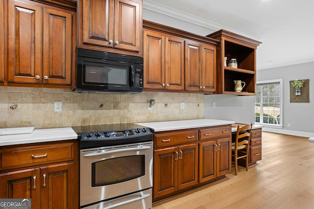 kitchen with tasteful backsplash, light hardwood / wood-style flooring, crown molding, and electric stove