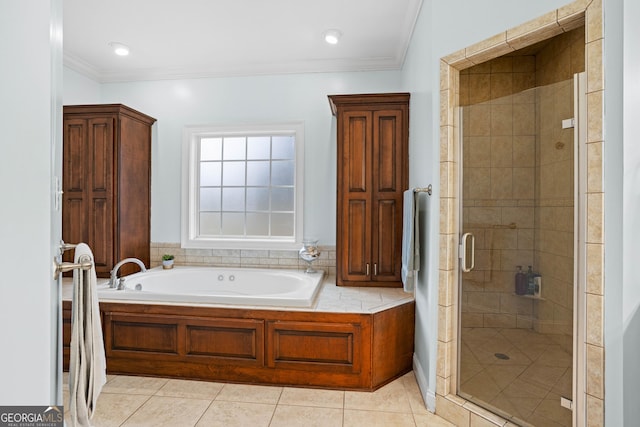 bathroom featuring separate shower and tub, crown molding, and tile patterned flooring