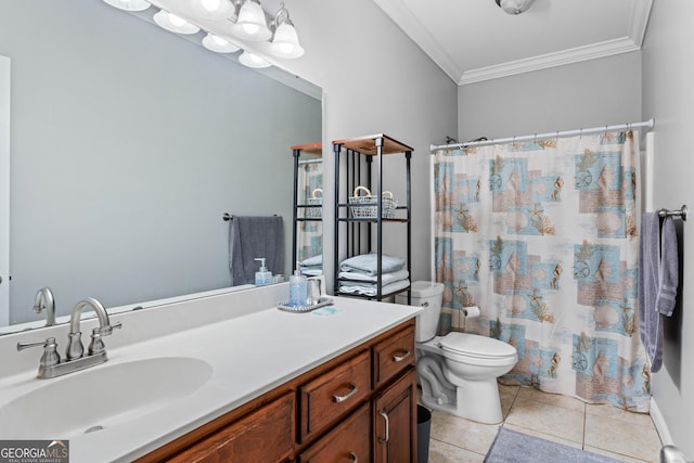 bathroom with vanity, crown molding, tile patterned flooring, toilet, and curtained shower