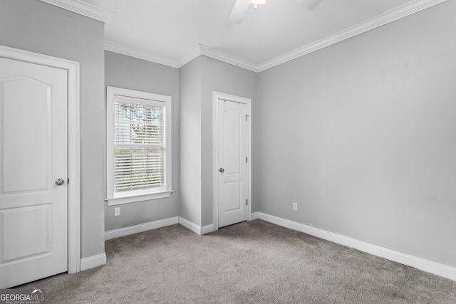 unfurnished bedroom with ceiling fan, light carpet, and ornamental molding