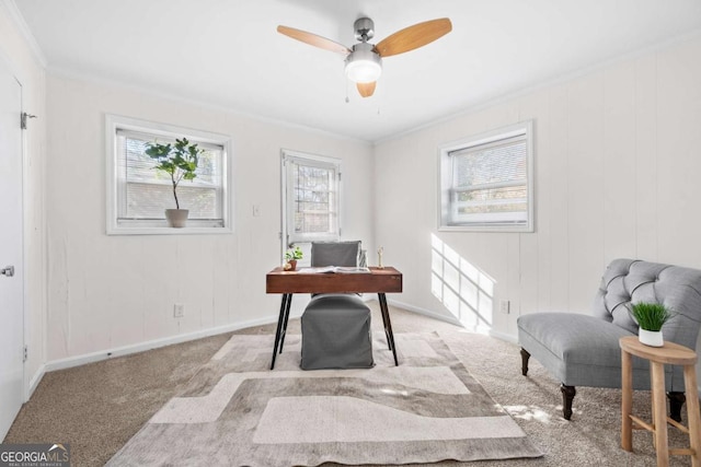 carpeted office with ceiling fan and ornamental molding