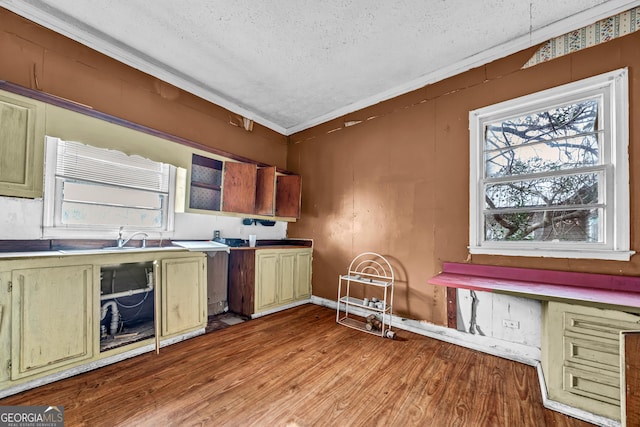 kitchen with light wood-type flooring, a textured ceiling, ornamental molding, and sink