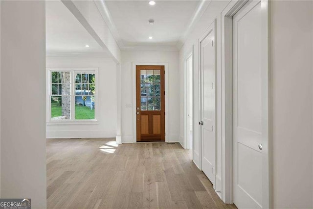 interior space featuring light hardwood / wood-style floors and crown molding