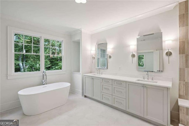 bathroom featuring vanity, a tub to relax in, and ornamental molding