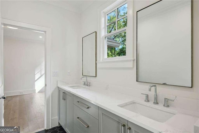 bathroom with vanity and wood-type flooring