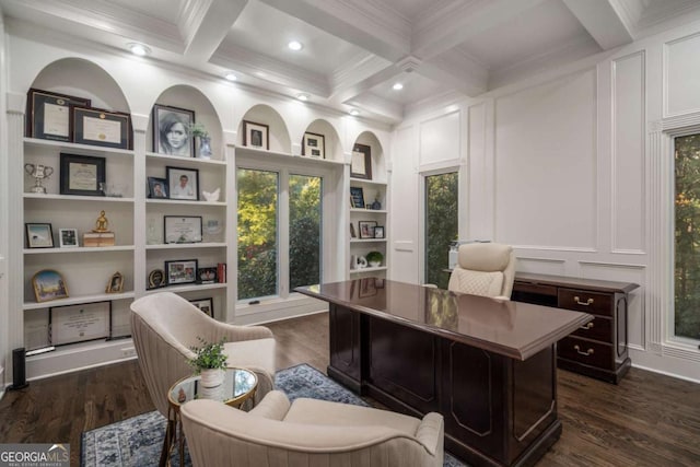 office area with beam ceiling, dark wood-type flooring, and coffered ceiling